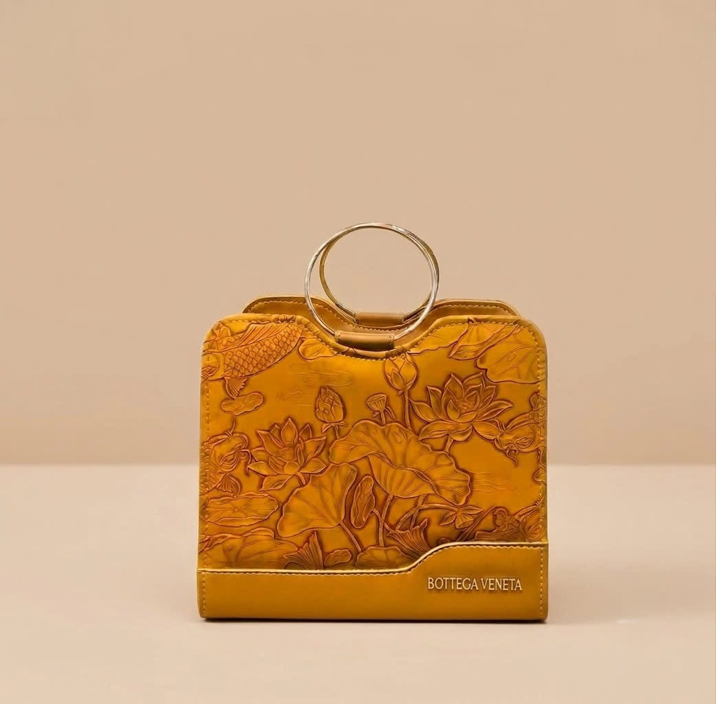 Luxury Embossed  Handbag with Gold Ring Handles – Bottega Veneta Style