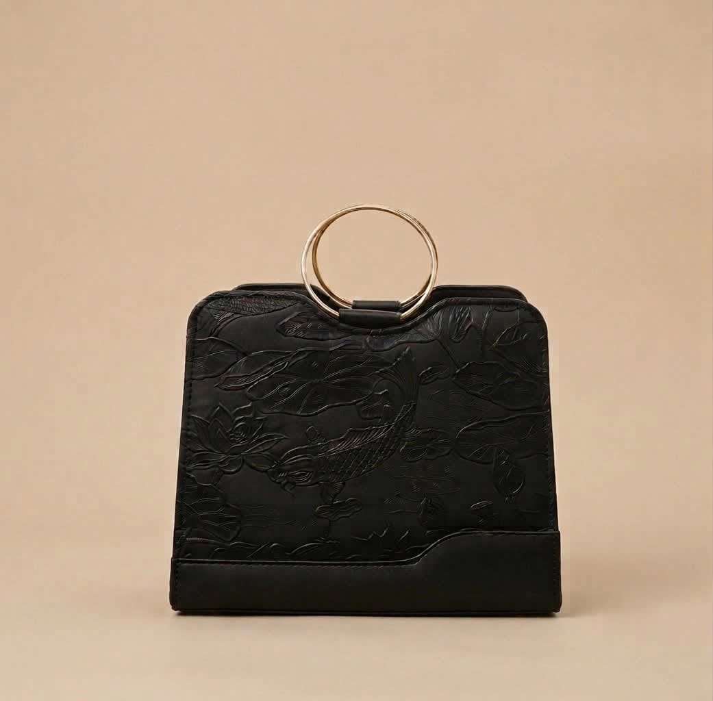 Luxury Embossed  Handbag with Gold Ring Handles – Bottega Veneta Style