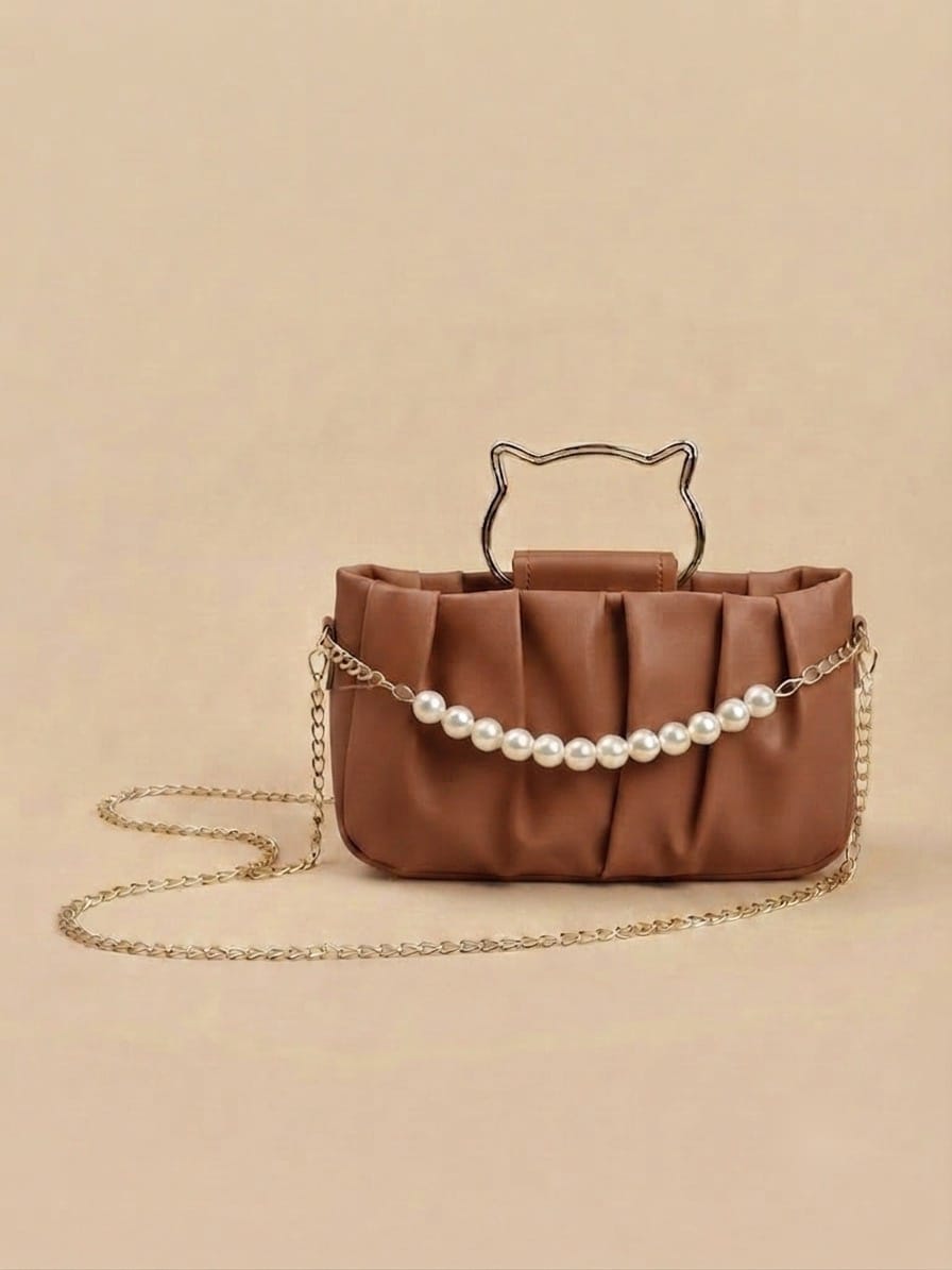 Cute Women's Crossbody Bag with Pearl Accent & Metallic Top Handle