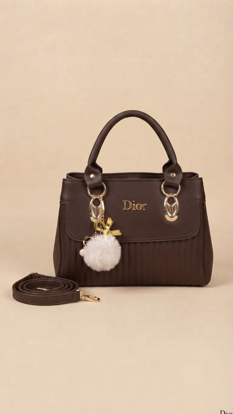 Elegant Pleated Leather Handbag with Fur Charm & Crossbody Strap