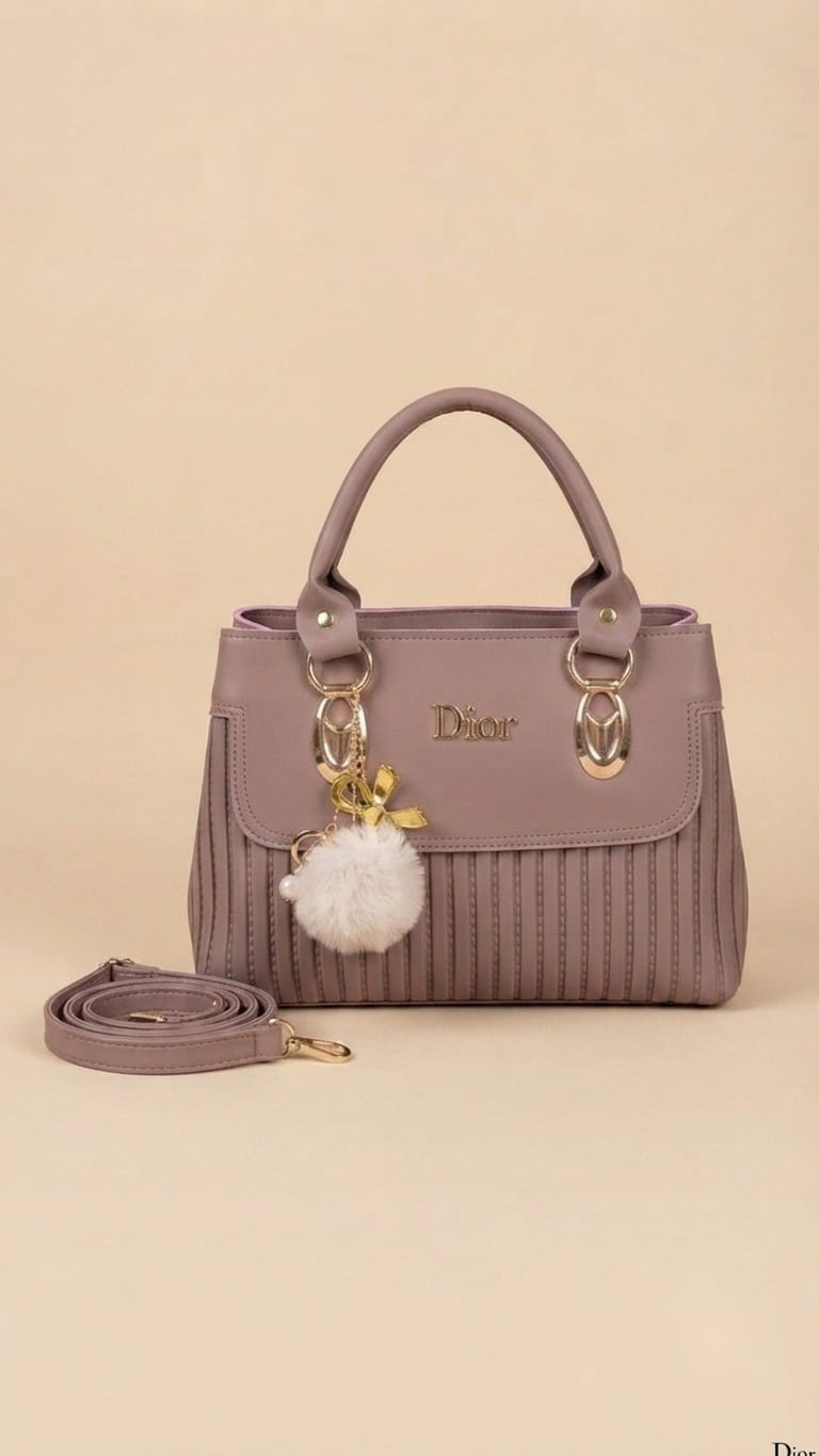 Elegant Pleated Leather Handbag with Fur Charm & Crossbody Strap