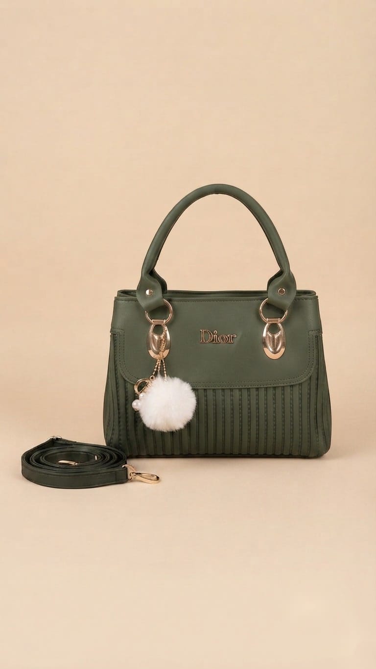 Elegant Pleated Leather Handbag with Fur Charm & Crossbody Strap